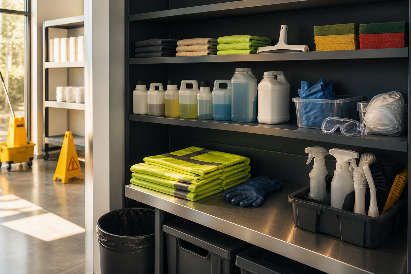 protective equipment and sealed supplies at a preparation station.
