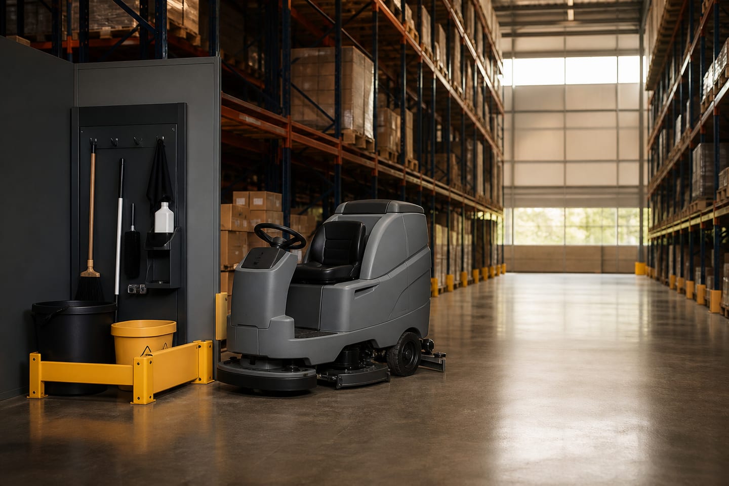 a floor-care machine in a warehouse aisle.