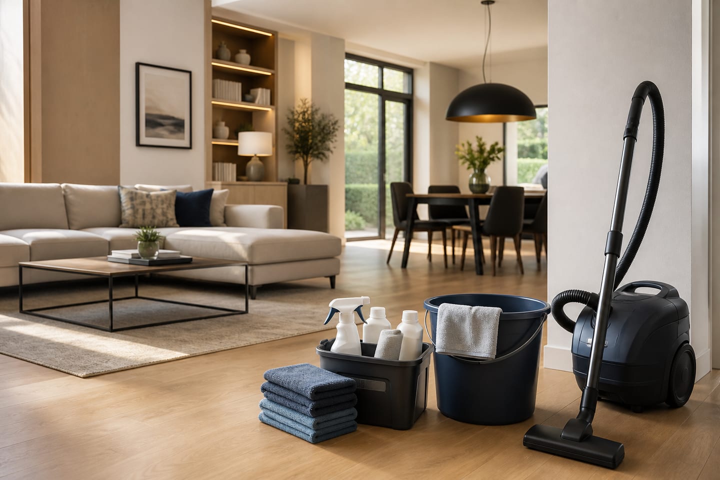 an organised cleaning kit prepared in a modern home.