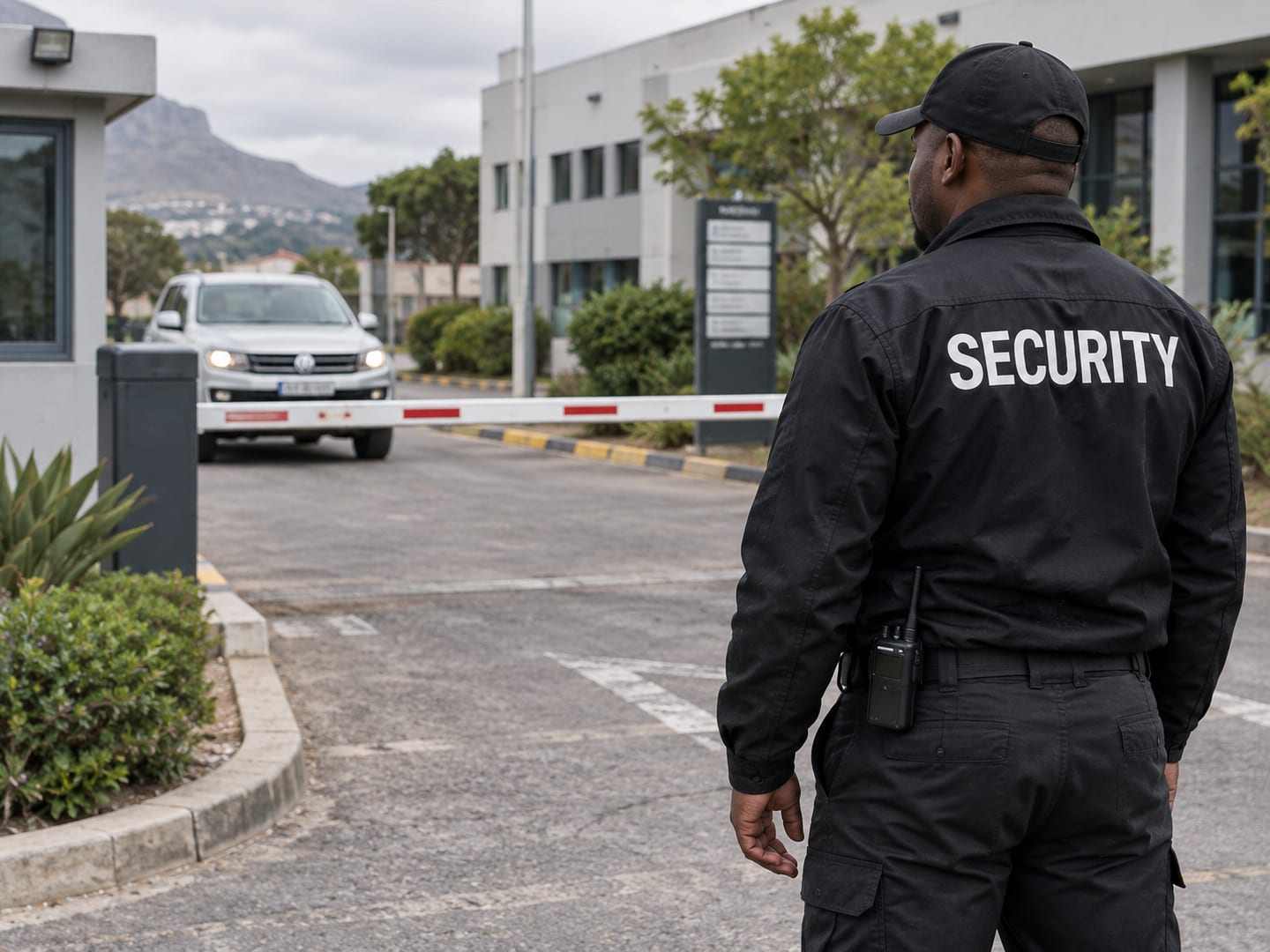 Security guard in a black uniform watching a commercial property entrance.