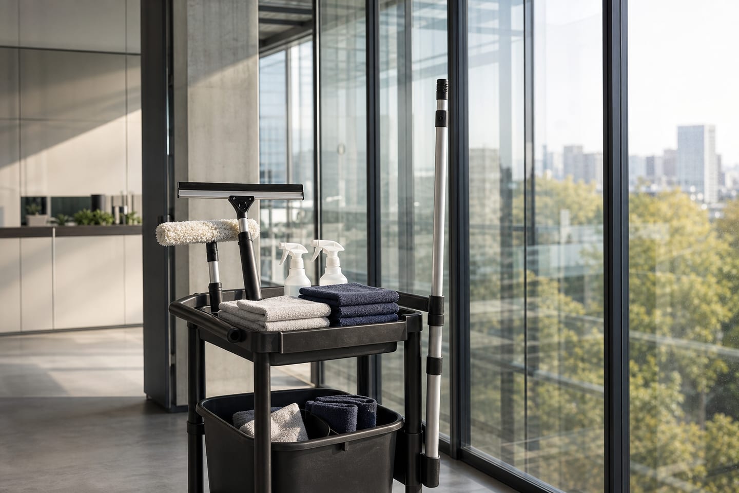 window-cleaning equipment beside office glass.